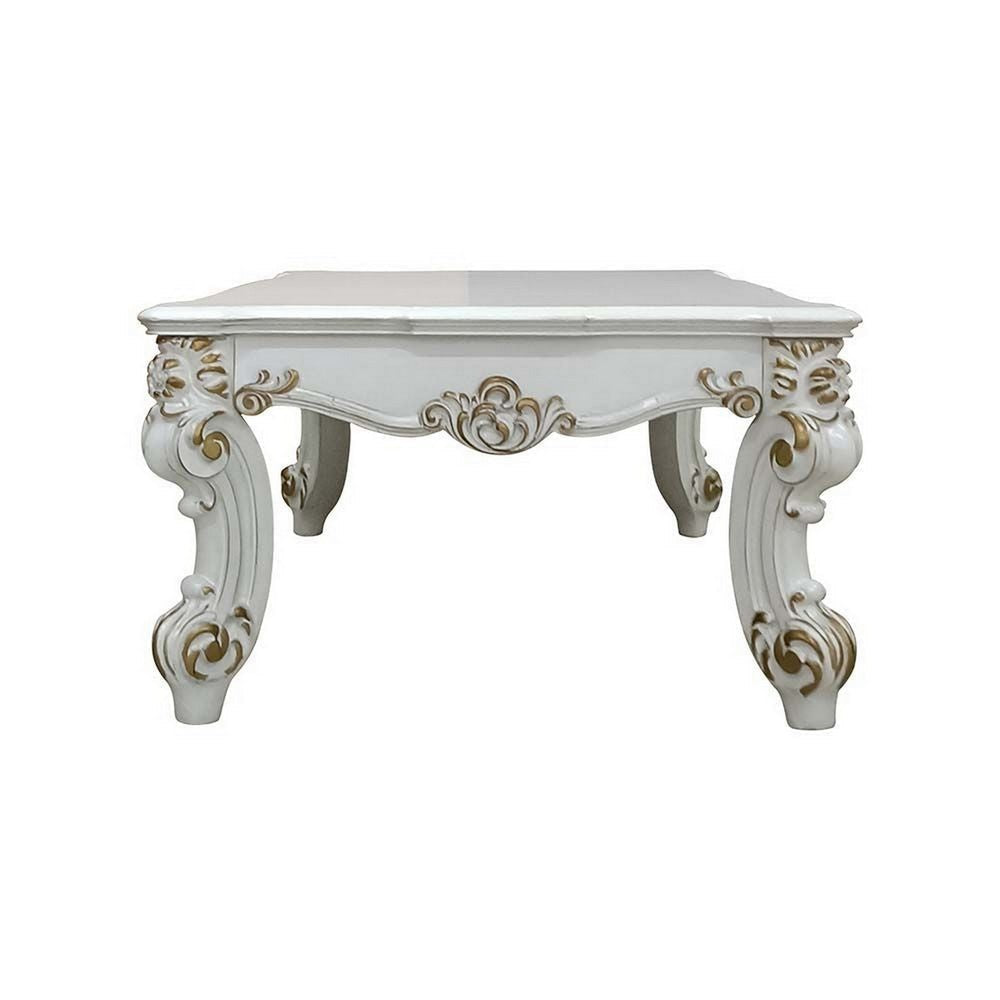 Jess 53 Inch Coffee Table, Traditional Scrolled Legs, Brushed Gold, White By Casagear Home