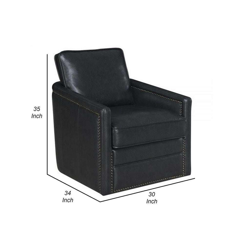 Roco 34 Inch Accent Chair with Swivel, Faux Leather Upholstery, Black  By Casagear Home