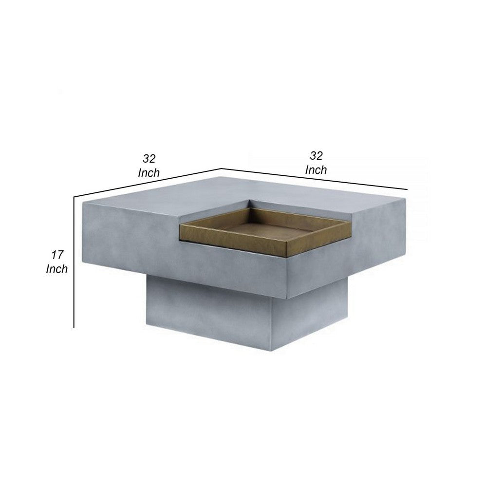 32 Inch Coffee Table with Removable Tray, Cement Construction, Smooth Gray By Casagear Home