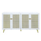 61 Inch Console Cabinet, 4 Metal Mesh Doors, LED Lighting, MDF, White  By Casagear Home