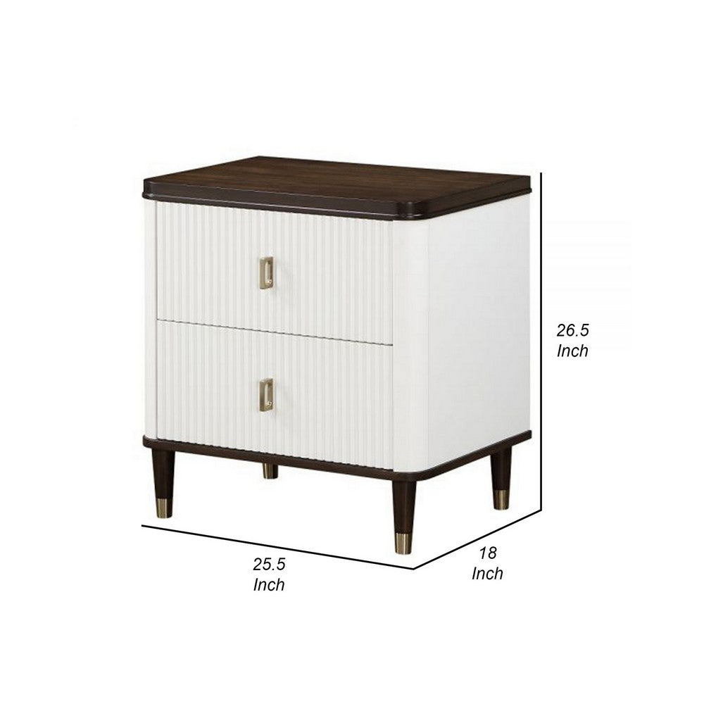 Aren 27 Inch Nightstand, 2 Drawers, USB Charger, Solid Wood, White, Brown By Casagear Home