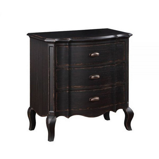 Cherry 30 Inch Nightstand, 3 Drawers, Cabriole Legs, Rubberwood, Black By Casagear Home