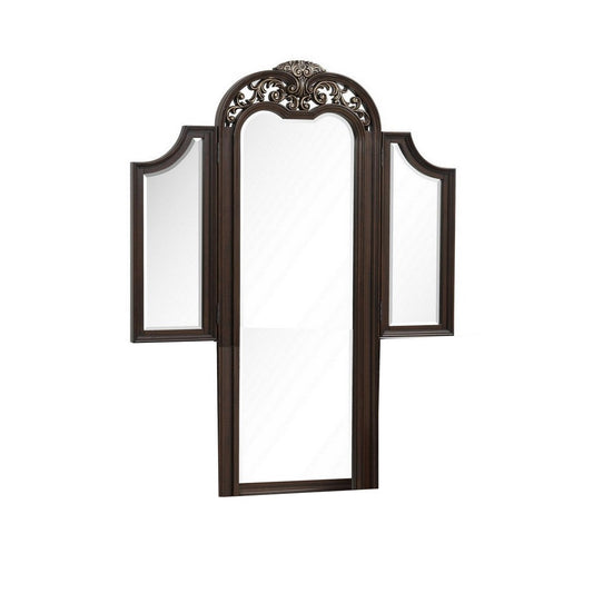Liana 64 Inch Vanity Table Mirror, 3 Panels, Crown Carvings and Scrollwork By Casagear Home