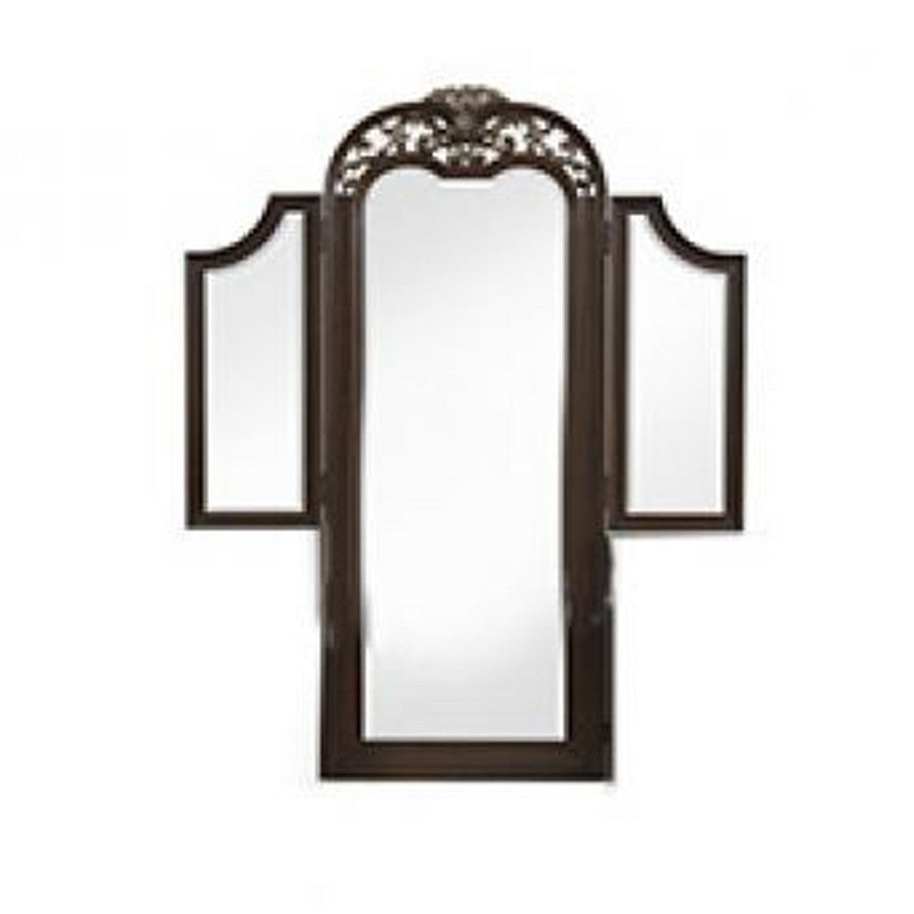 Liana 64 Inch Vanity Table Mirror 3 Panels Crown Carvings and Scrollwork By Casagear Home BM309489