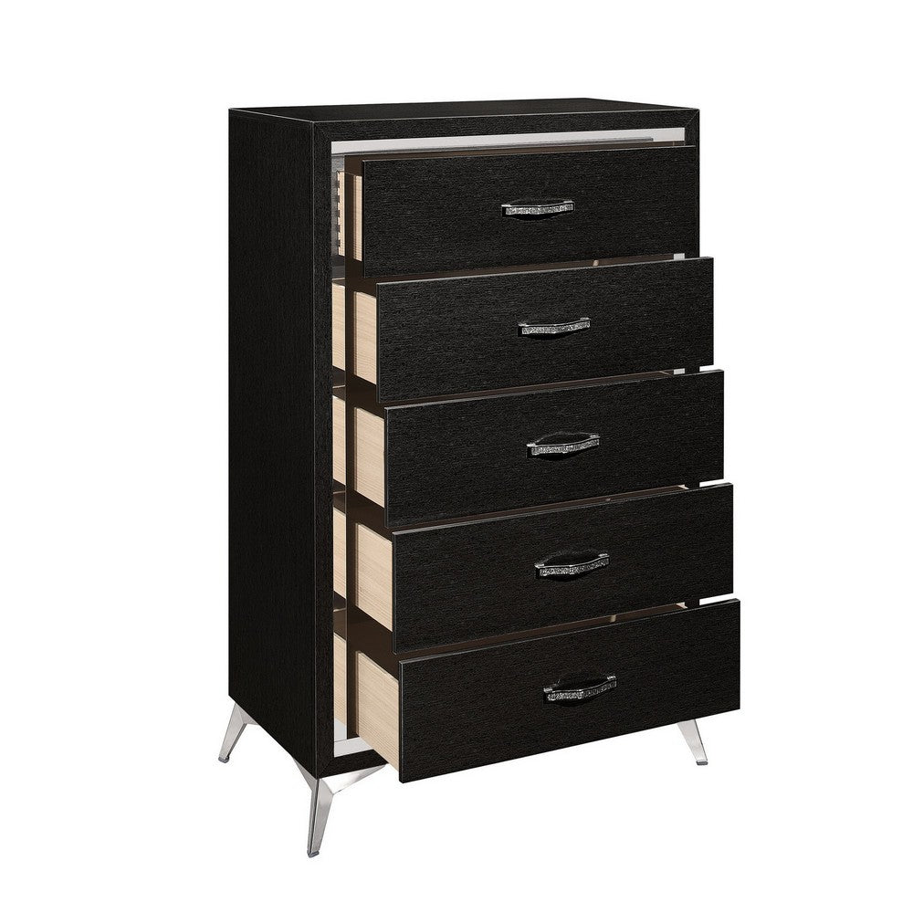 Sami 49 Inch Tall Dresser, 5 Drawers, Mirror Trim, Embossed Texture, Black By Casagear Home