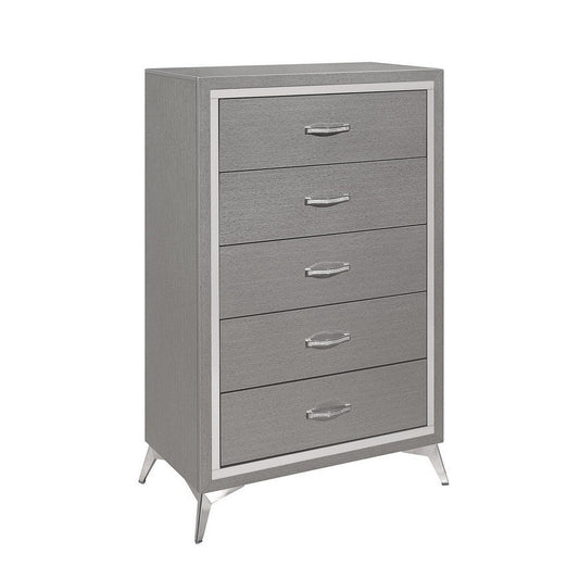 Sami 49 Inch Tall Dresser, 5 Drawers, Mirror Trim, Embossed Texture, Gray By Casagear Home