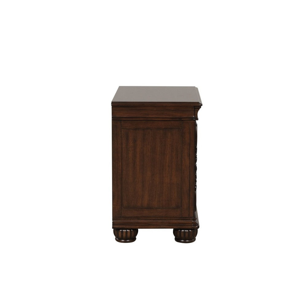 Akil 27 Inch Nightstand, 2 Drawers, Floral Carved Classic Cherry Brown Wood By Casagear Home
