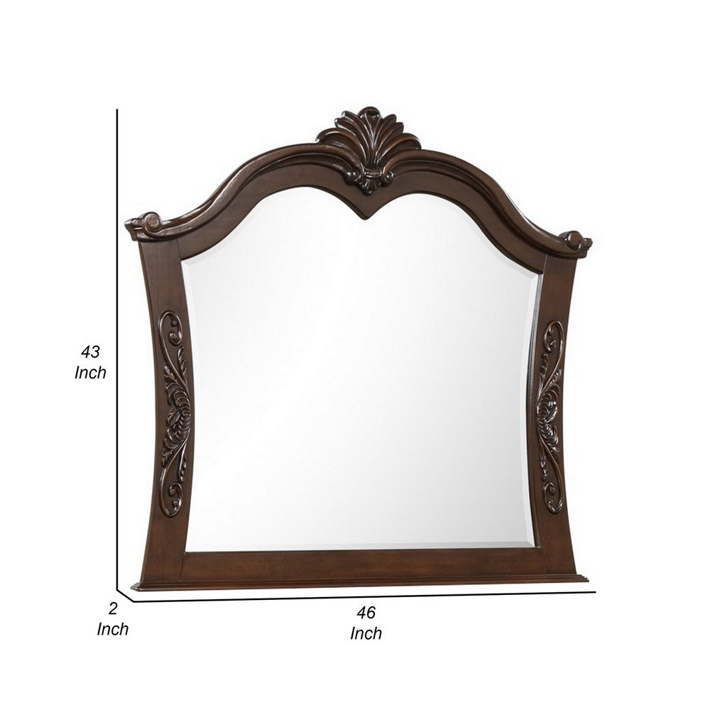 Akil 43 x 46 Dresser Mirror, Classic Arched Edges, Floral Carved Cherry Brown By Casagear Home