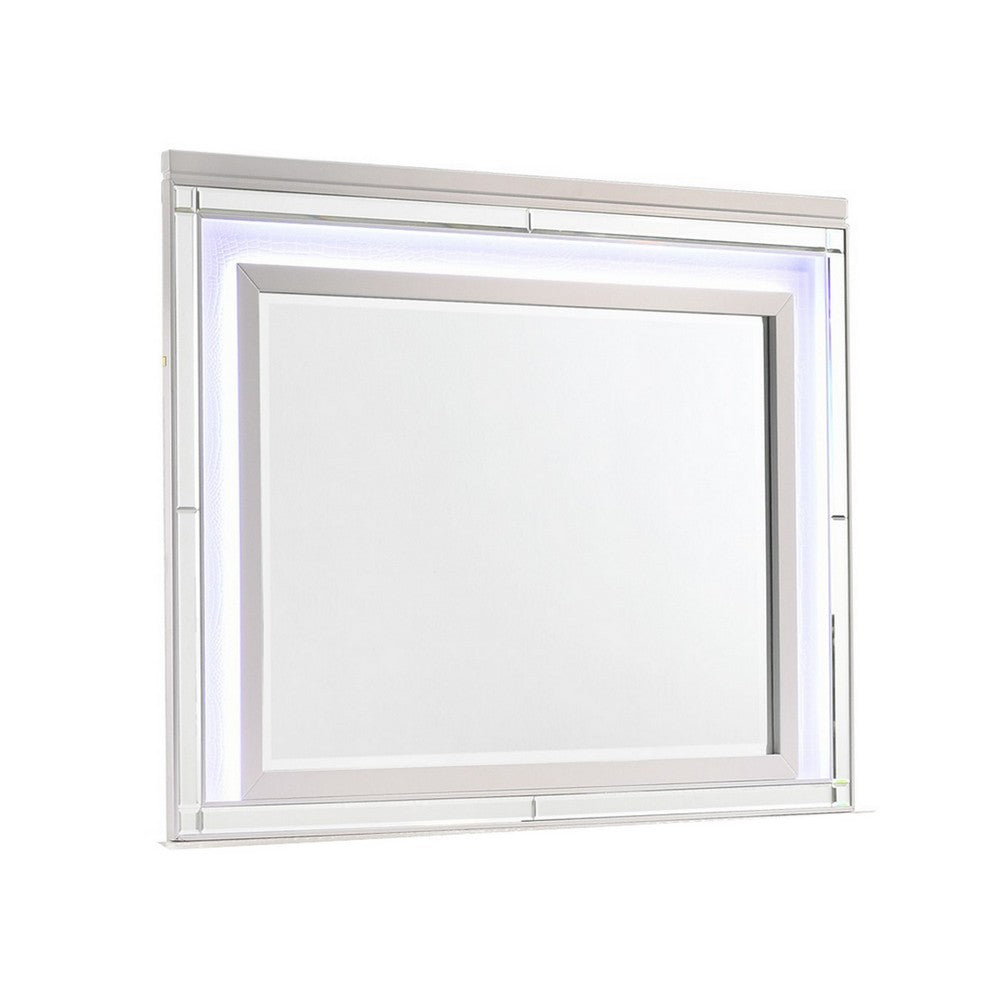 Lee 38 x 50 Dresser Mirror, Modern LED Light Trim, White Hardwood Frame By Casagear Home