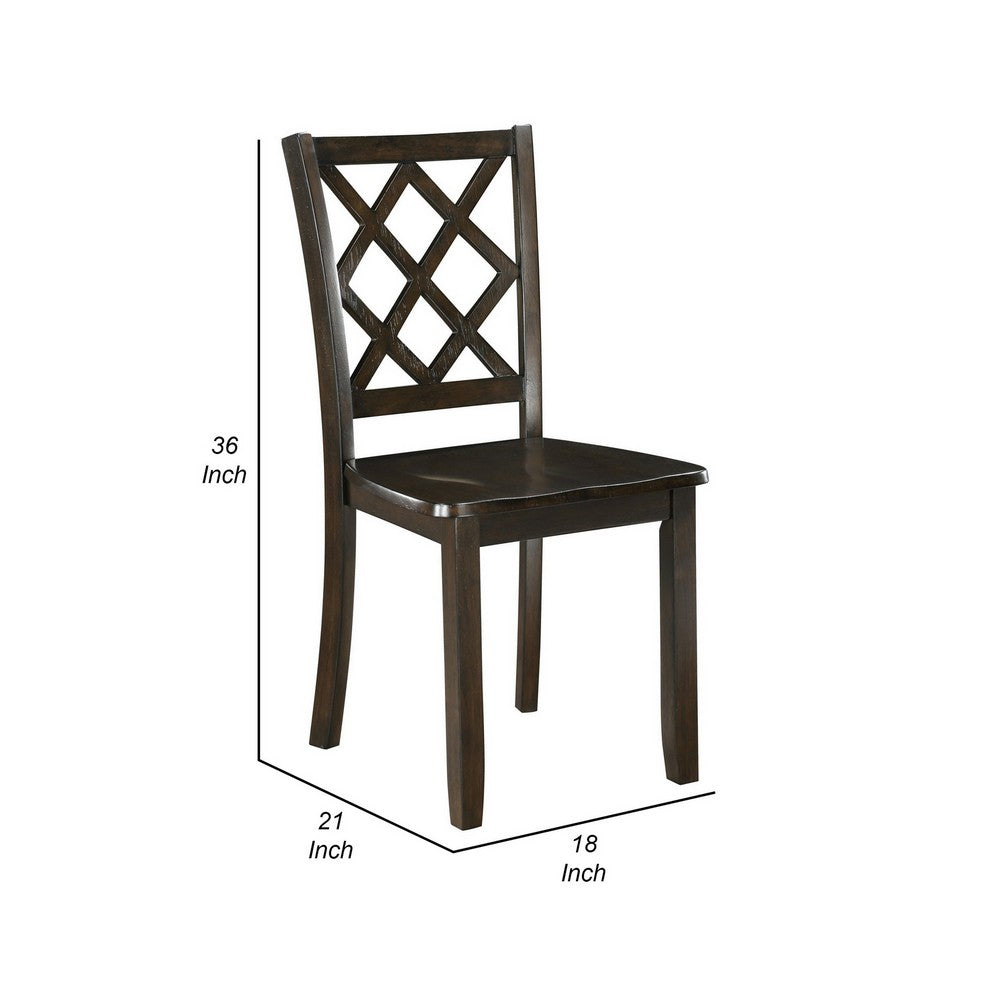 Ava 21 Inch Dining Chair Set of 2, Lattice Back, Brown Rubberwood Frame By Casagear Home