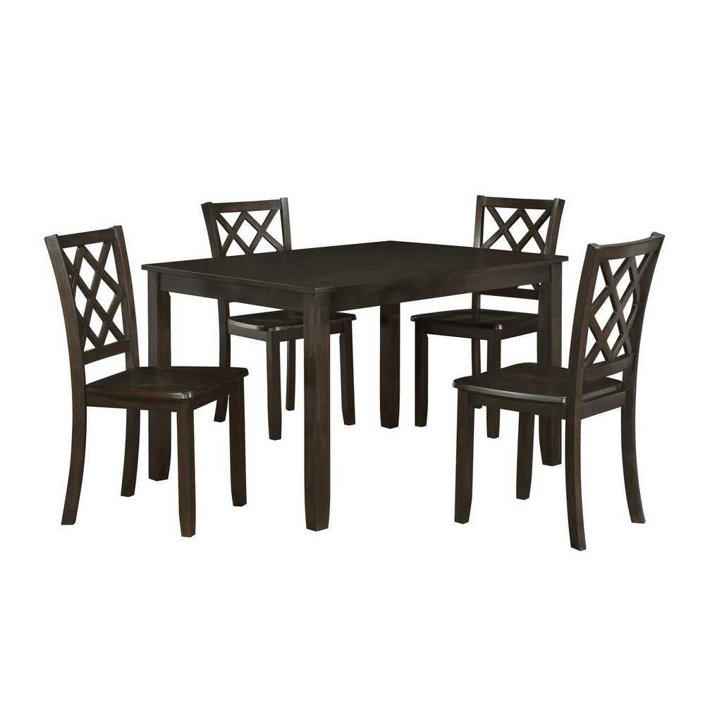 Ava 5pc Dining Table Set, 4 Lattice Back Chairs, Brown Rubberwood Frame By Casagear Home