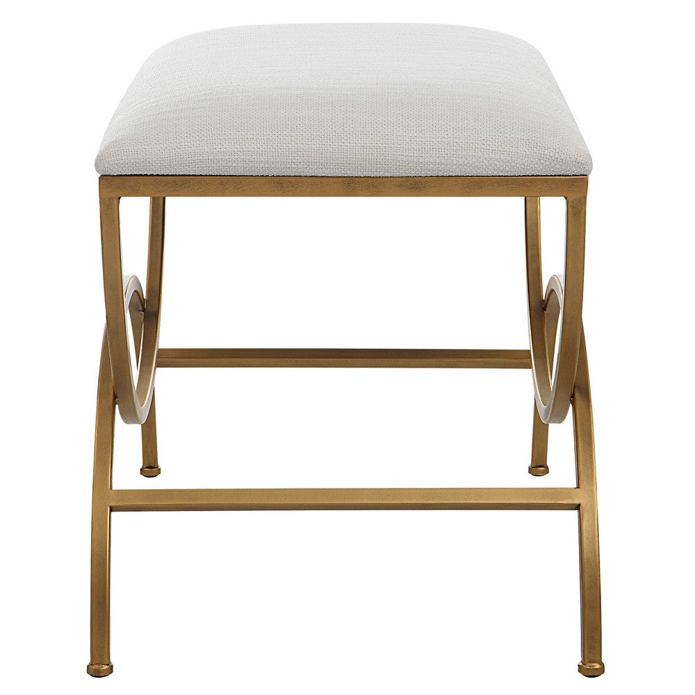 24 Inch Accent Stool, Cushioned, Double Arched, Off White Upholstery, Gold By Casagear Home