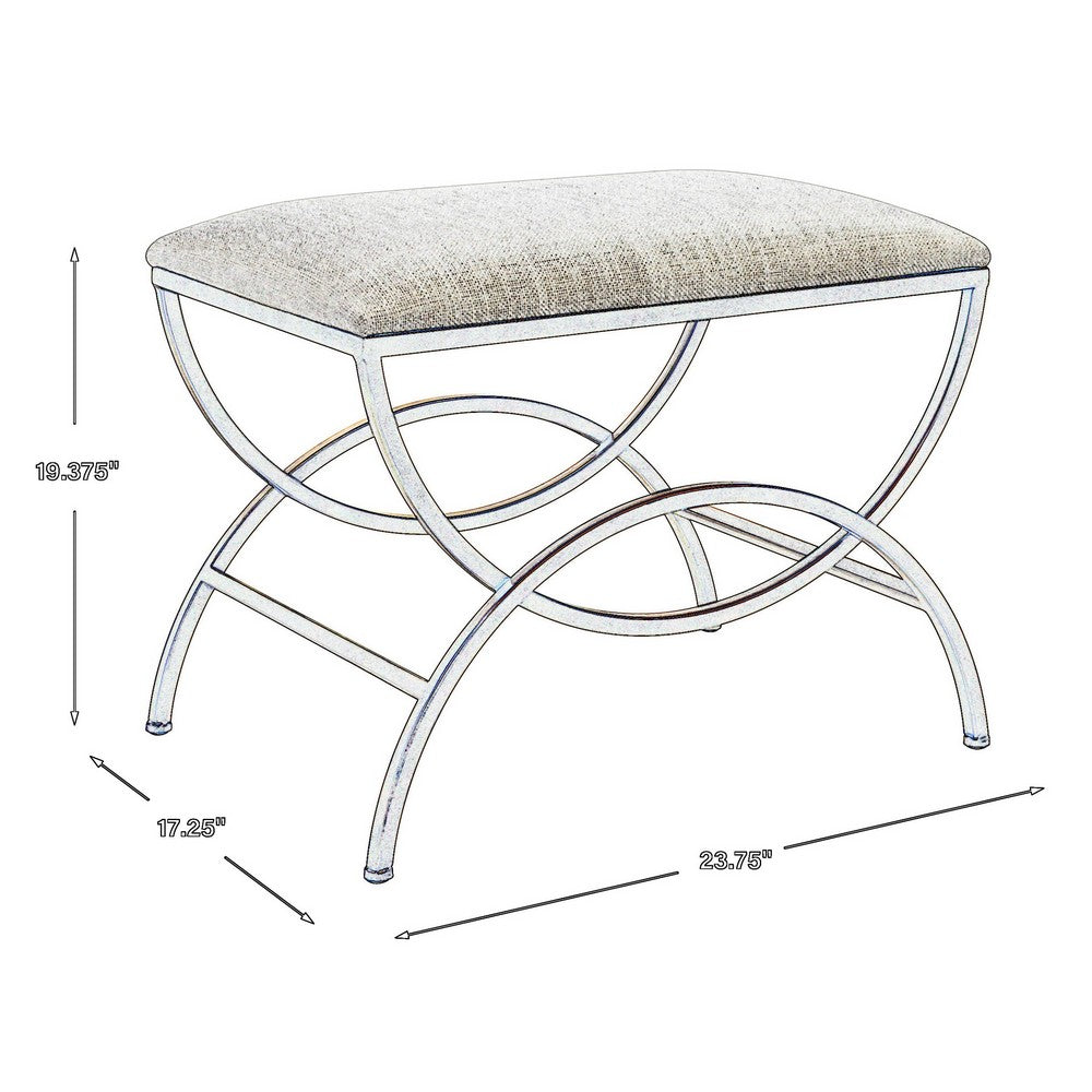 24 Inch Accent Stool, Cushioned, Double Arched, Off White Upholstery, Gold By Casagear Home
