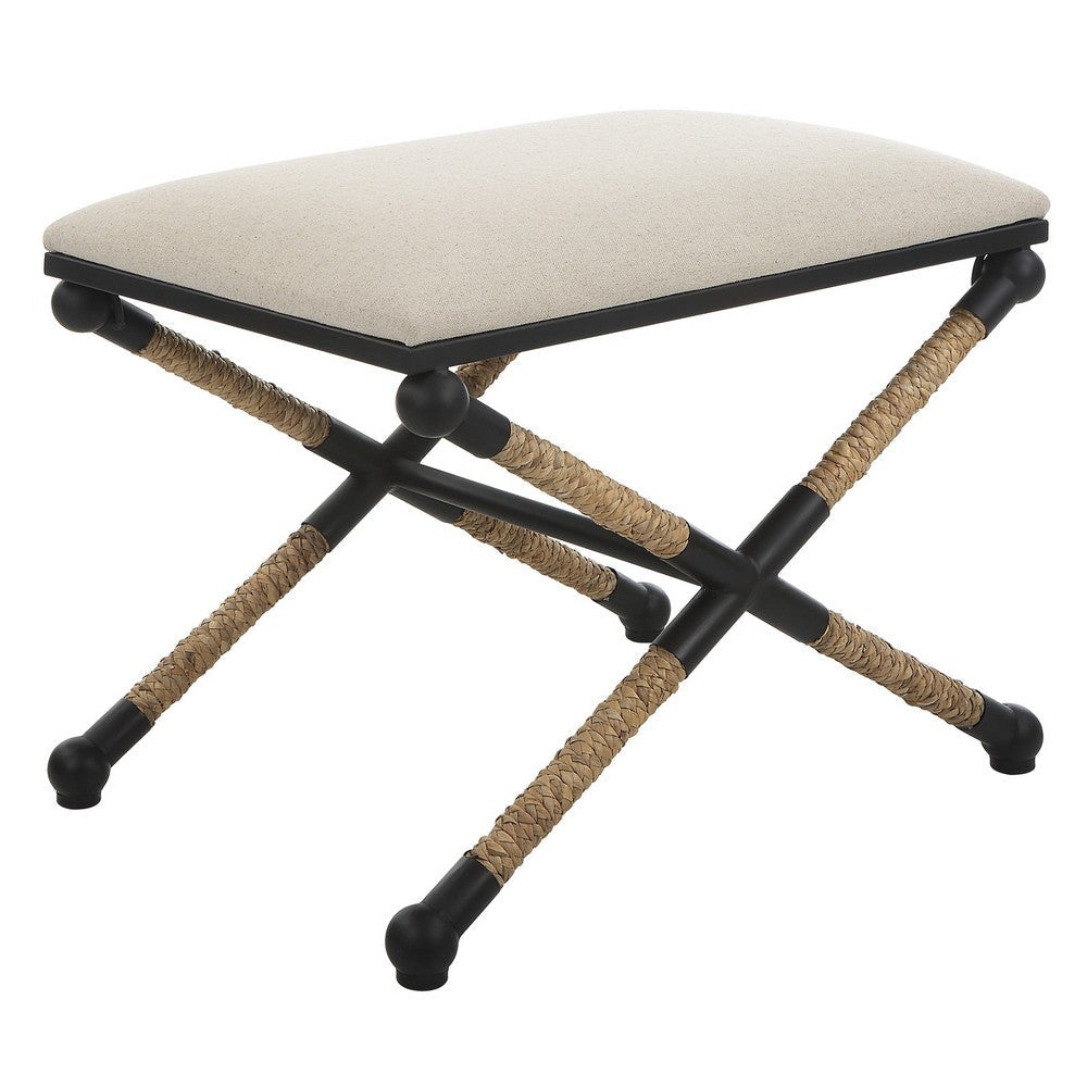 24 Inch Accent Stool, Cusioned Seat, Iron Black Frame, Off White Upholstery By Casagear Home