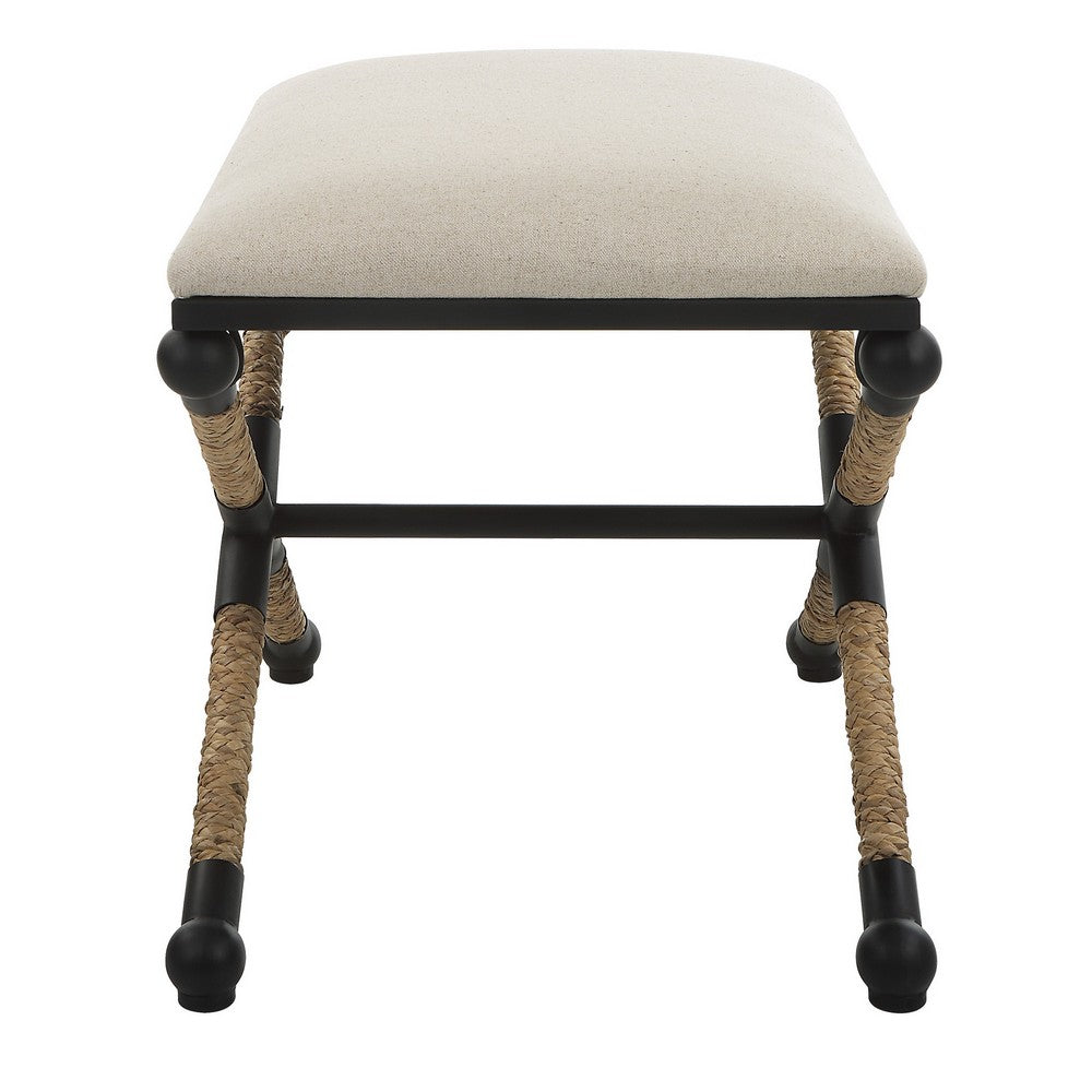 24 Inch Accent Stool, Cusioned Seat, Iron Black Frame, Off White Upholstery By Casagear Home