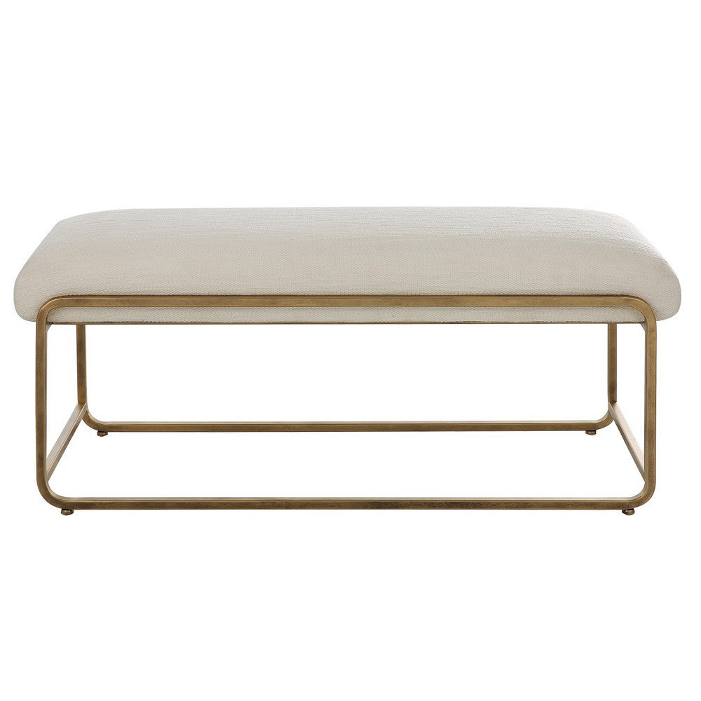 47 Inch Accent Stool, Cushioned, Antique Brushed Brass Frame, Off White By Casagear Home