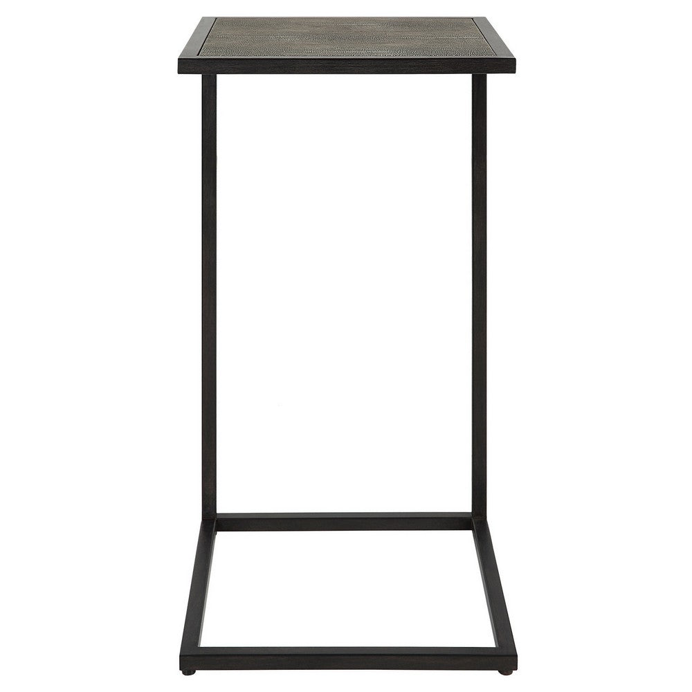 24 Inch Accent Table, Open C Shape, Gray Shagreen Top, Antique Black By Casagear Home