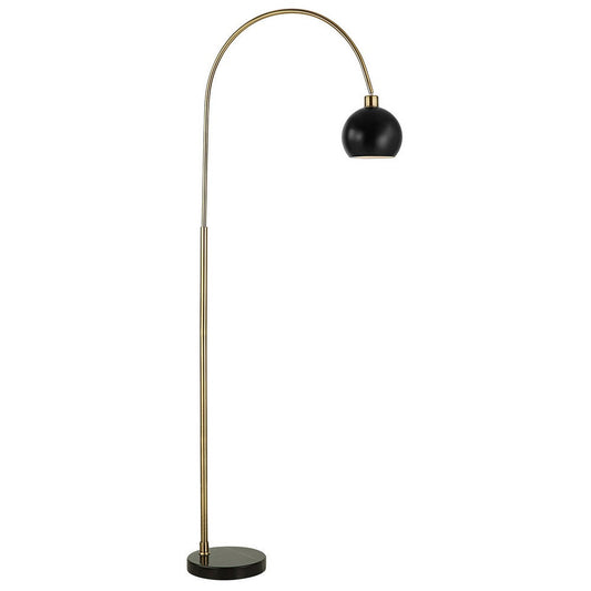 72 Inch Arc Floor Lamp, Black Metal Shade, Marble Foot, Antique Brass By Casagear Home