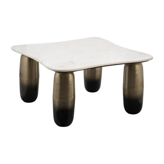 30 Inch Coffee Table, Square White Marble Top, Cylindrical Gold Metal Base By Casagear Home