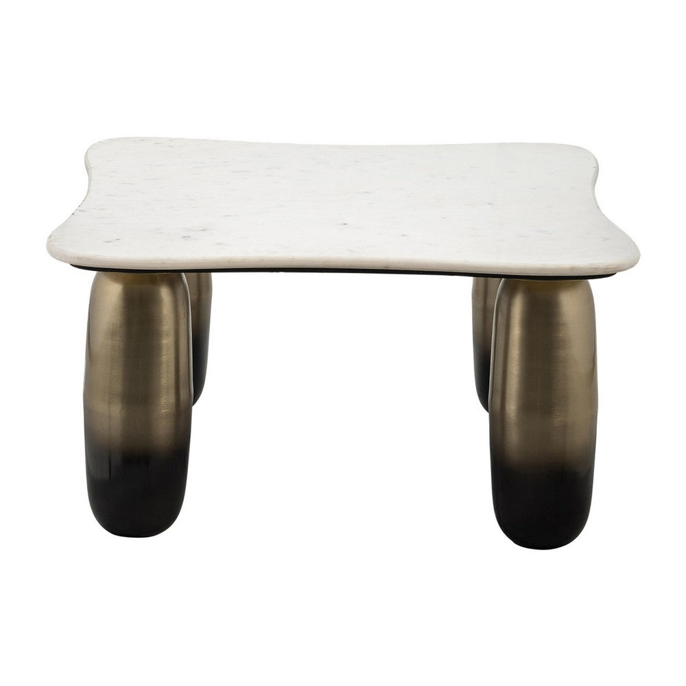 30 Inch Coffee Table, Square White Marble Top, Cylindrical Gold Metal Base By Casagear Home