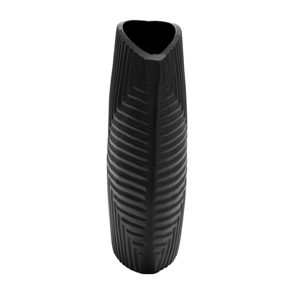 Ako 10 Inch Vase, Metal Ribbed Body Design, Curved Top, Matte Black Finish By Casagear Home