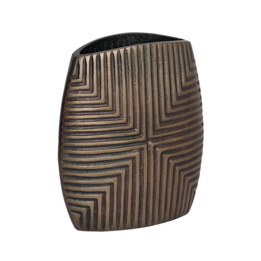 Ako 10 Inch Vase, Modern, Ribbed Body Design, Curved Top, Antique Brass By Casagear Home