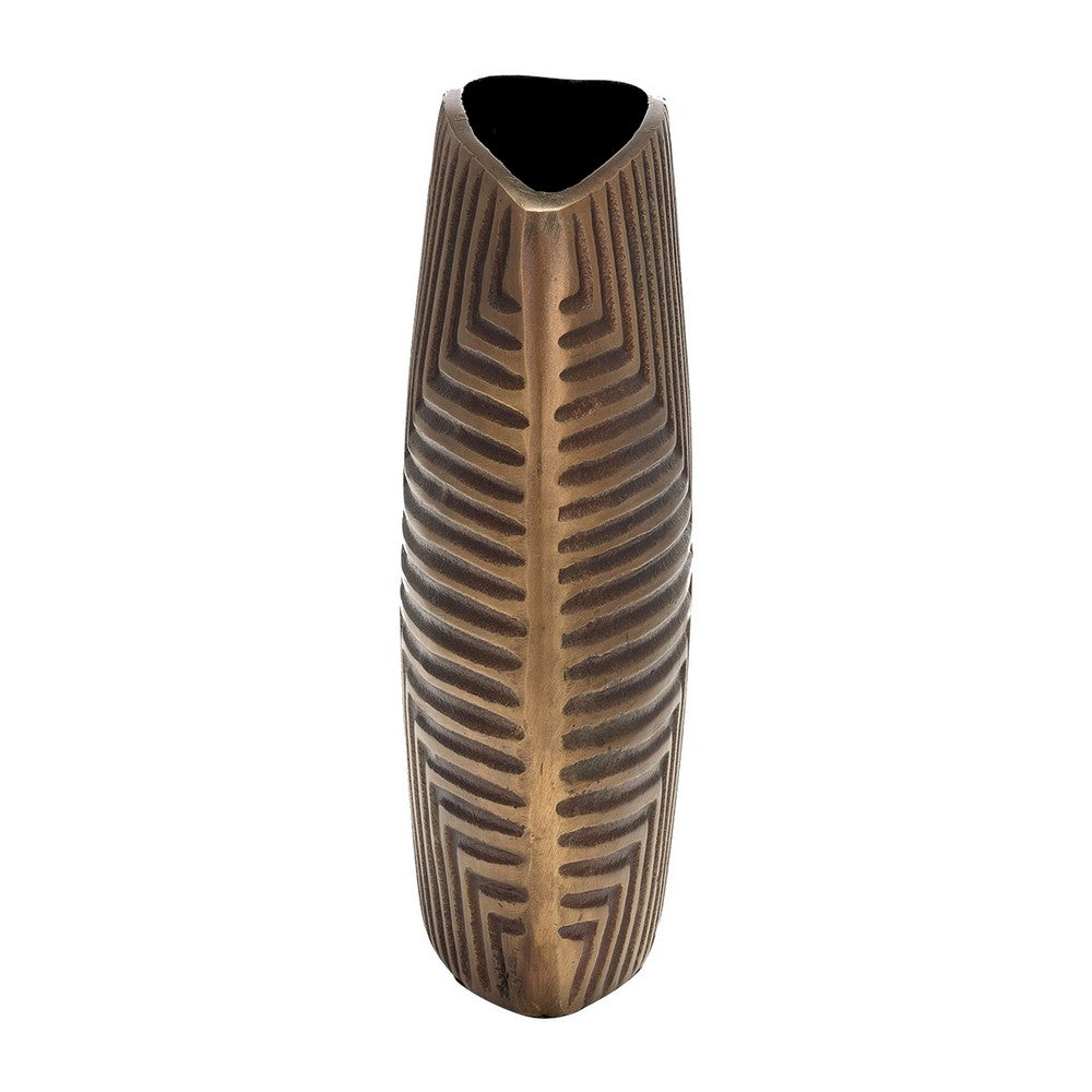 Ako 10 Inch Vase, Modern, Ribbed Body Design, Curved Top, Antique Brass By Casagear Home