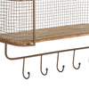 23 Inch Wood Shelf, 2 Tiers, Metal Mesh Frame, Hanging Hooks, Brown Finish By Casagear Home