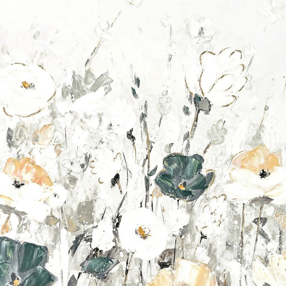 39 x 39 Framed Wall Art, Handpainted Floral Design, Modern Gray, White  By Casagear Home