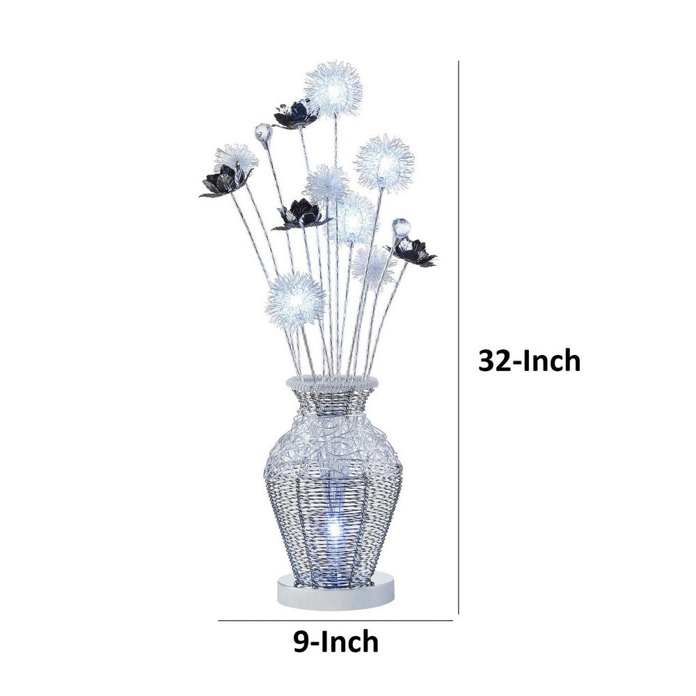 32 Inch Accent Table Lamp, Metal Flowers with Vase Design, Chrome Finish By Casagear Home