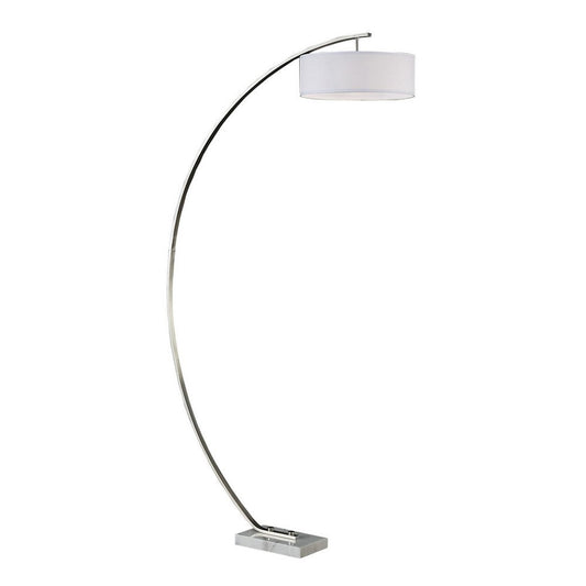 79 Inch Arc Floor Lamp, Metal Base, Fabric Drum Shape Shade, Silver   By Casagear Home