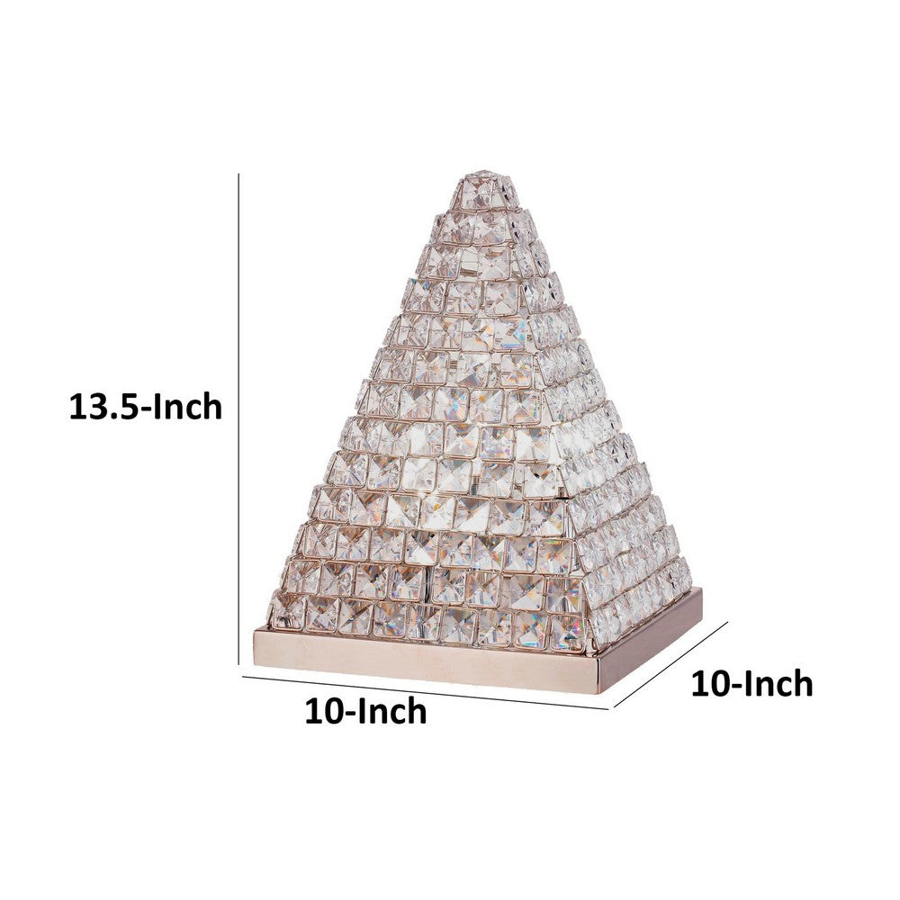 14 Inch Table Lamp, Crystal Pyramid Shaped Frame, Stone Studded, Silver By Casagear Home