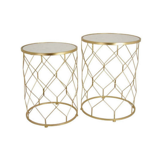 Teli Plant Stand Table Set of 2, Wavy Lattice, Round Marble Top, Gold By Casagear Home