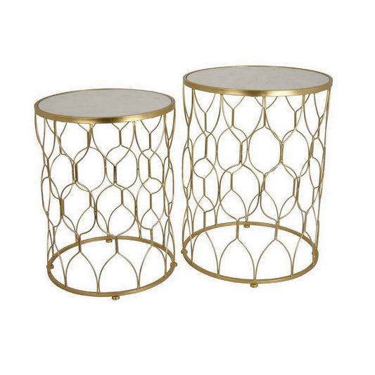 Teli Plant Stand Table Set of 2, Geometric Lattice, Round Marble, Gold By Casagear Home
