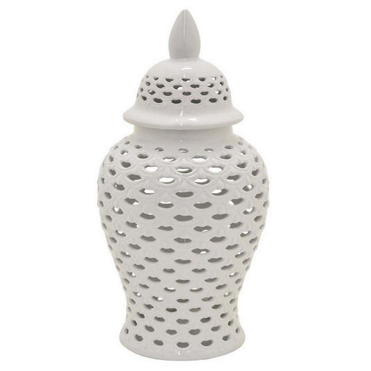 Deni 19 Inch Ginger Jar, Large Carved Cutout Lattice Design with Lid, White By Casagear Home