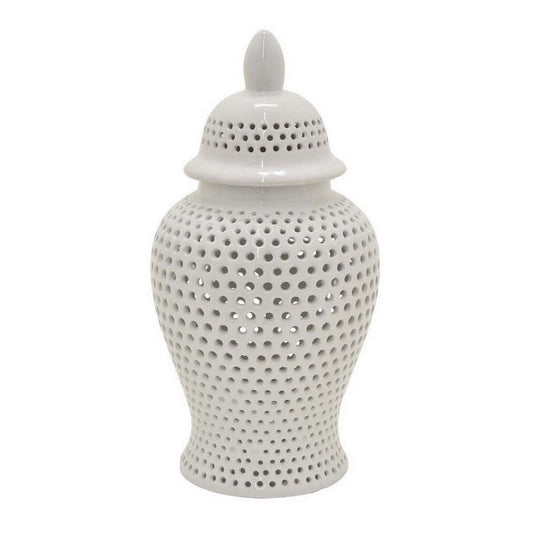 Deni 19 Inch Ginger Jar, Small Carved Cutout Lattice, Removable Lid, White By Casagear Home
