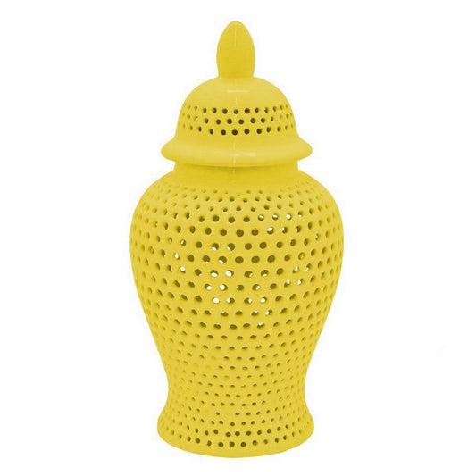 Deni 19 Inch Ginger Jar, Carved Cutout Lattice, Removable Lid, Yellow By Casagear Home