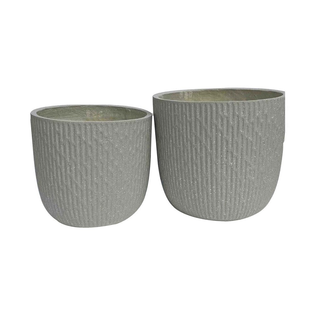 14 Inch Planter Set of 2 Drum Shape Engraved Design Textured Green By Casagear Home BM309745