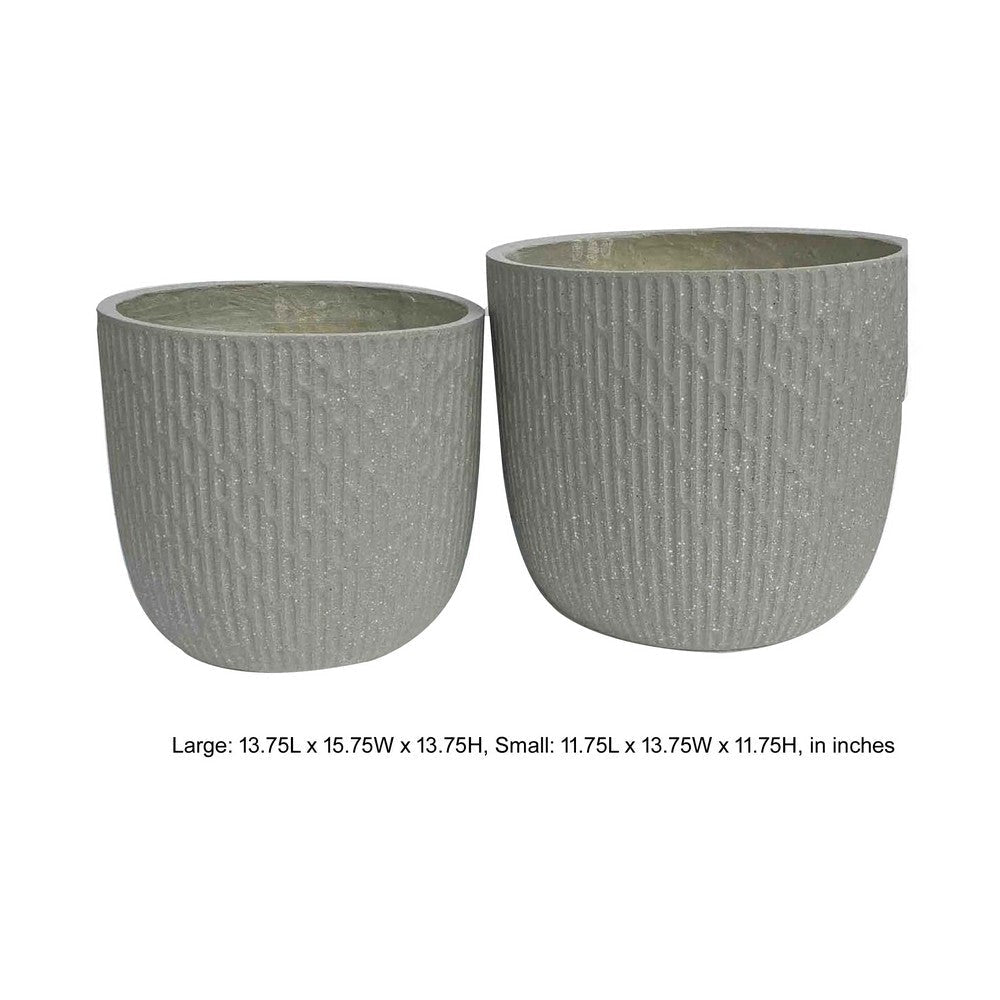 14 Inch Planter Set of 2 Drum Shape Engraved Design Textured Green By Casagear Home BM309745