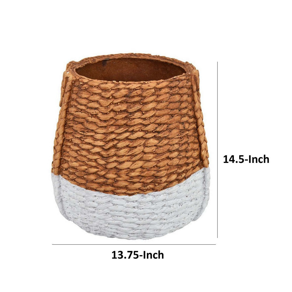 Reno 15 Inch Planter Rope Woven Design White and Brown Finished Resin By Casagear Home BM309749