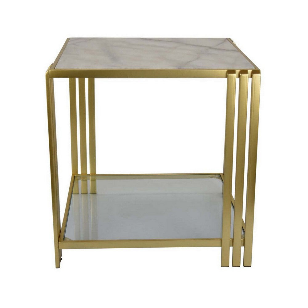 Lee 20 Inch Plant Stand, Square White Marble Top, Open Metal Frame, Gold By Casagear Home