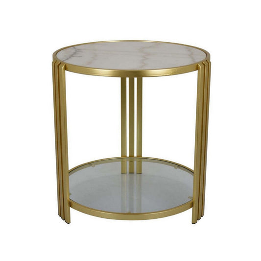Lee 20 Inch Plant Stand, Round White Marble Top, Open Metal Frame, Gold By Casagear Home