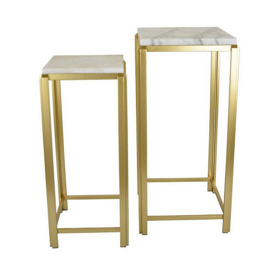 Plant Stand Set of 2, Square White Marble Tops, Open Metal Frame, Gold By Casagear Home