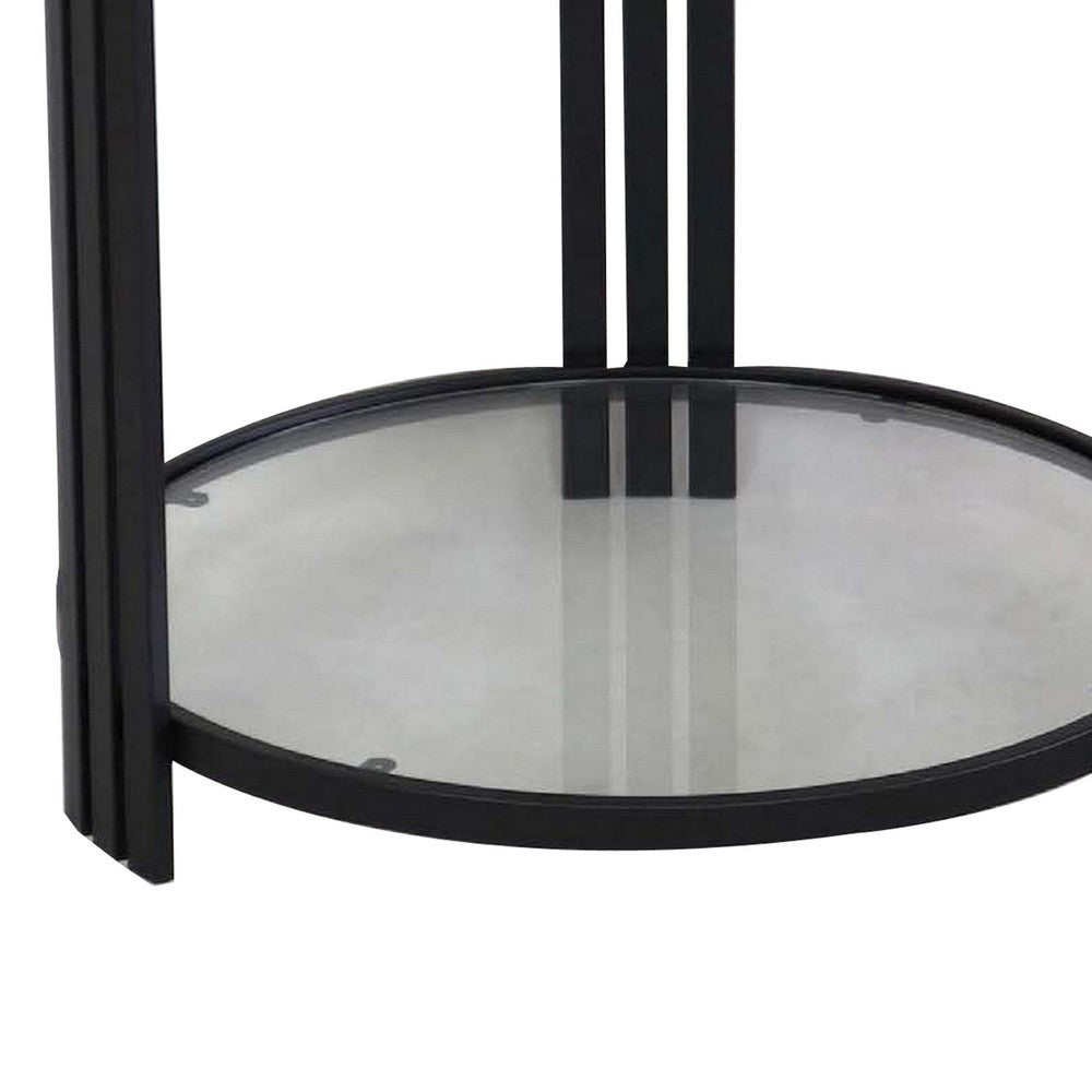 Lee 20 Inch Plant Stand, Round White Marble Top, Open Metal Frame, Black By Casagear Home
