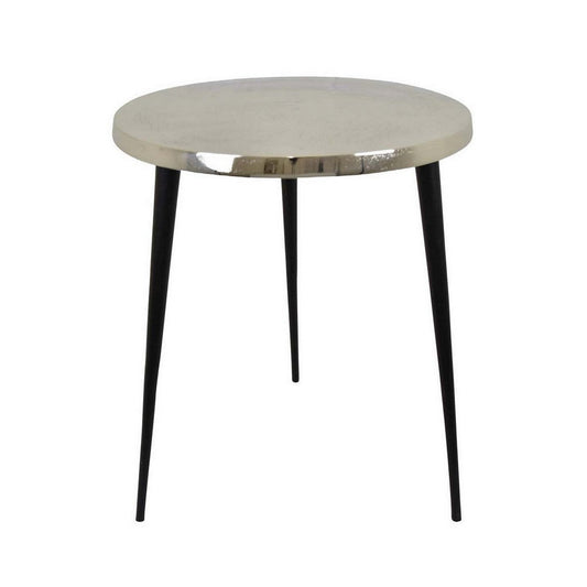 24 Inch Plant Stand Side Table, Modern Silver Round Top, Black Metal Legs By Casagear Home