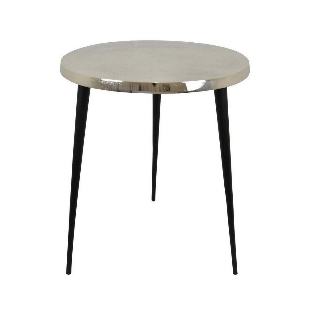 24 Inch Plant Stand Side Table, Modern Silver Round Top, Black Metal Legs By Casagear Home