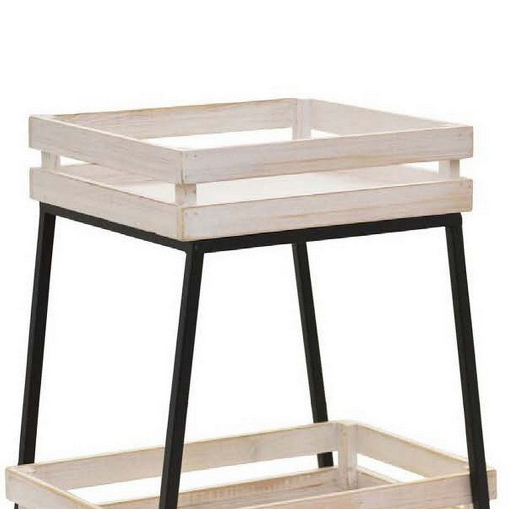 34 Inch Plant Stand, 3 Tier Tray White Wood Shelves, Black Metal Frame By Casagear Home