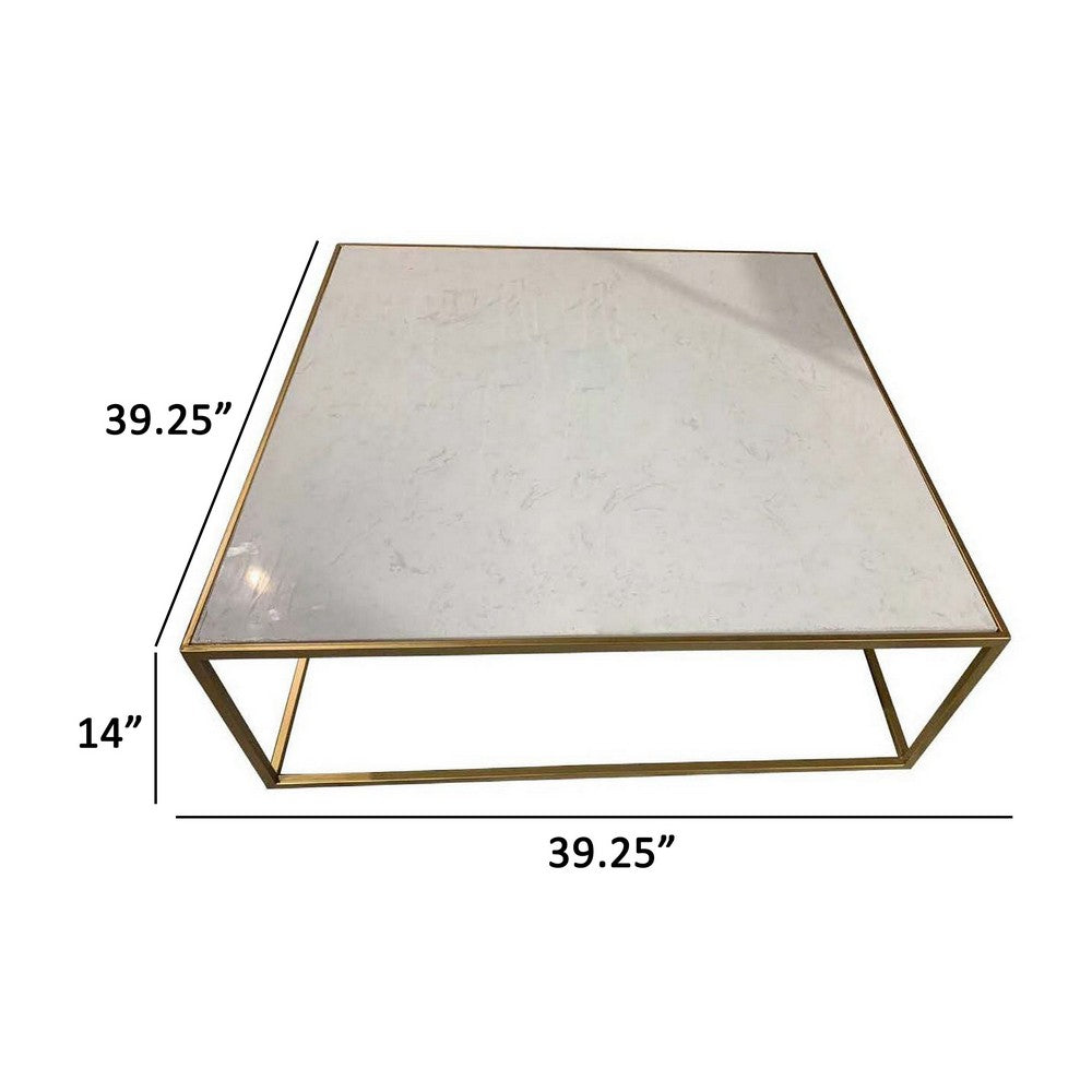 Riyan 39 Inch Plant Stand Table, Square Open Gold Metal Frame, White Top By Casagear Home