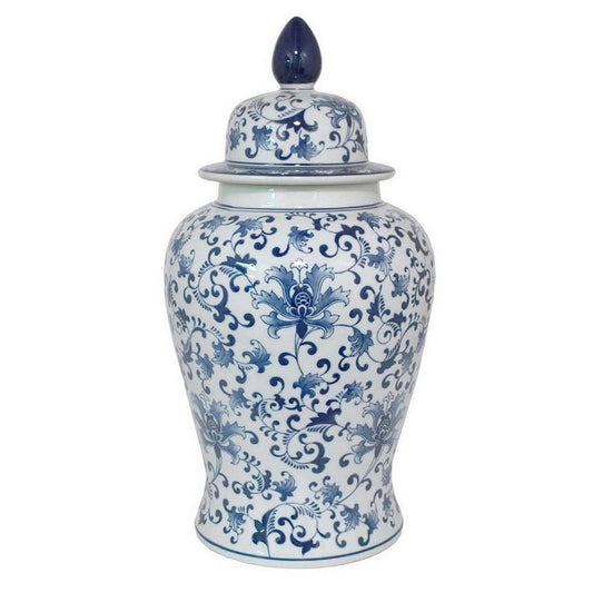 Zovi 24 Inch Temple Ginger Jar, Blue Floral Print, Removable Lid, White By Casagear Home