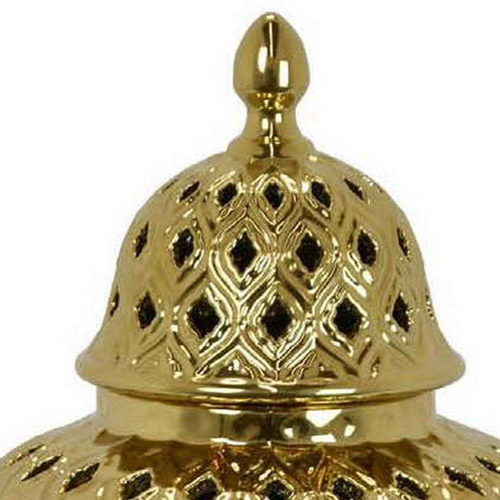 Deni 18 Inch Temple Jar, Pierced, Carved Lattice Design, Lid, Gold By Casagear Home
